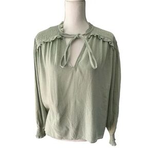 Zara Mint Green Smocked Long Sleeve Boho Peasant Top Size Small